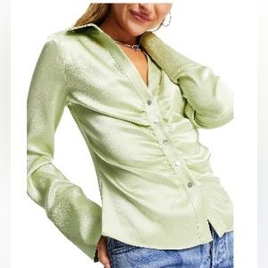 Topshop Ruched Satin Blouse- MidGreen